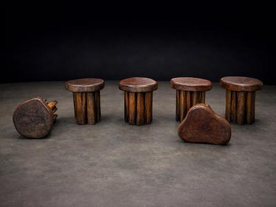 Set of Six Sculptural Den ncia Stools in Solid Reclaimed Wood Lot 765A