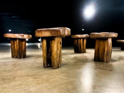 Set of Six Sculptural Den ncia Stools in Solid Reclaimed Wood Lot 765A