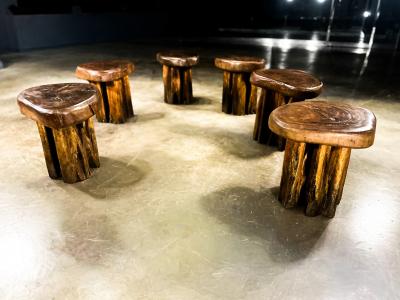 Set of Six Sculptural Den ncia Stools in Solid Reclaimed Wood Lot 765A