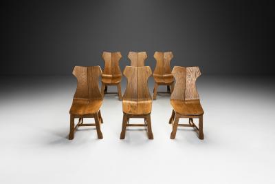 Set of Six Solid Oak Brutalist Dining Chairs Europe 1950s