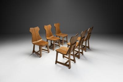 Set of Six Solid Oak Brutalist Dining Chairs Europe 1950s