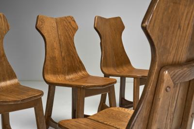Set of Six Solid Oak Brutalist Dining Chairs Europe 1950s