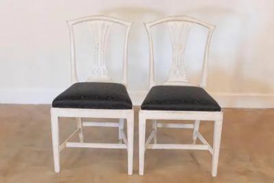 Set of Six Swedish 1890s Painted Wood Dining Room Side Chairs with Black Fabric