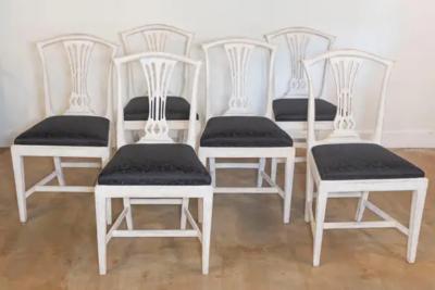 Set of Six Swedish 1890s Painted Wood Dining Room Side Chairs with Black Fabric
