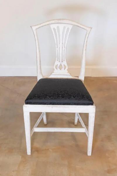 Set of Six Swedish 1890s Painted Wood Dining Room Side Chairs with Black Fabric