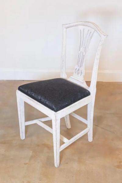 Set of Six Swedish 1890s Painted Wood Dining Room Side Chairs with Black Fabric