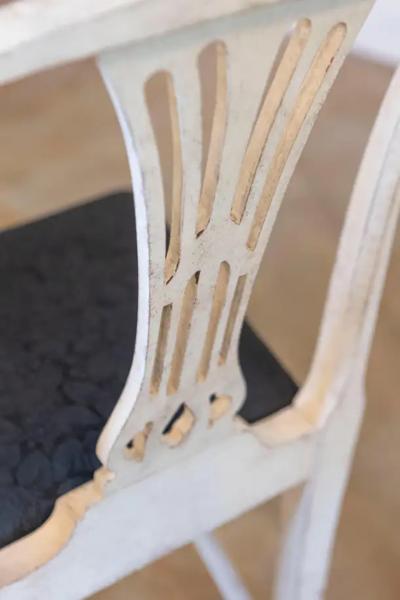 Set of Six Swedish 1890s Painted Wood Dining Room Side Chairs with Black Fabric