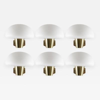 Set of Six Swedish Midcentury Wall Lamps in Brass and Opaline Glass