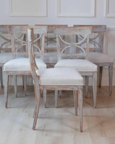 Set of Six Swedish Neoclassical Dining Chairs with Curule Backrests