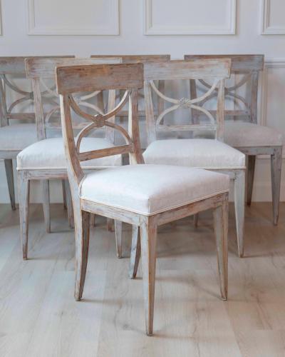 Set of Six Swedish Neoclassical Dining Chairs with Curule Backrests