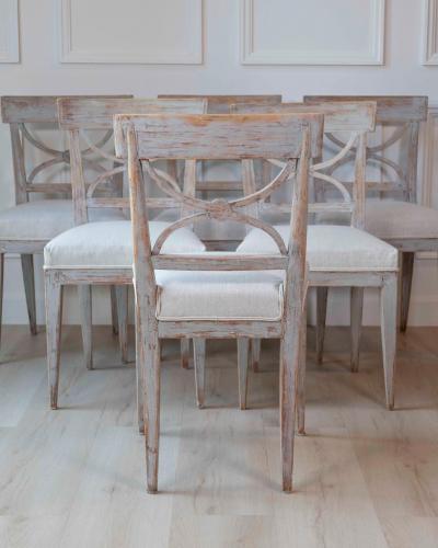 Set of Six Swedish Neoclassical Dining Chairs with Curule Backrests