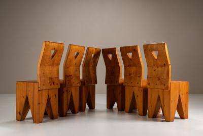 Set of Six Vintage Brutalist Pinewood Chairs 1970s