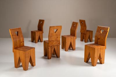 Set of Six Vintage Brutalist Pinewood Chairs 1970s