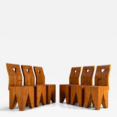 Set of Six Vintage Brutalist Pinewood Chairs 1970s