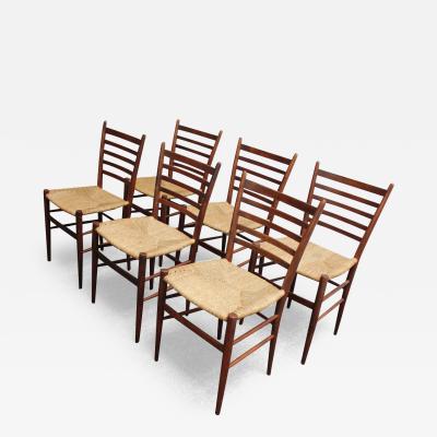 Set of Six Vintage Italian Walnut and Rush Ladder Back Dining Chairs