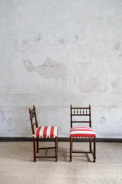Set of Six Wooden Chairs with Striped Seats Mid 20th Century
