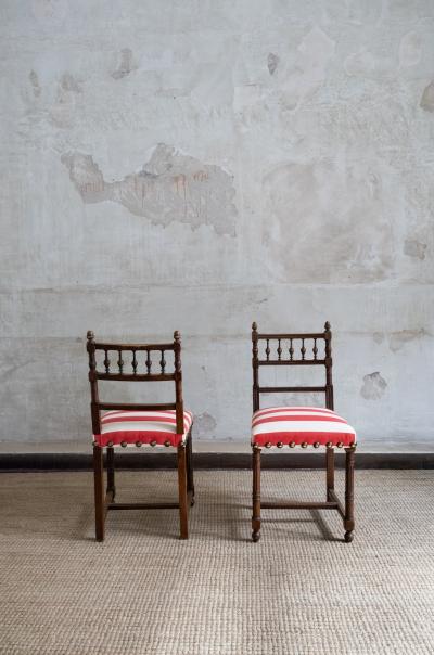 Set of Six Wooden Chairs with Striped Seats Mid 20th Century