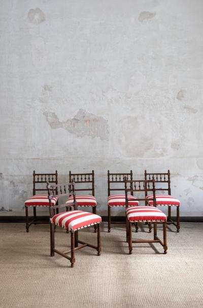 Set of Six Wooden Chairs with Striped Seats Mid 20th Century