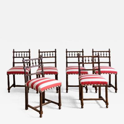 Set of Six Wooden Chairs with Striped Seats Mid 20th Century