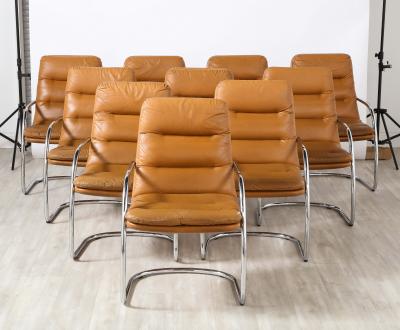 Set of Ten Italian Leather and Chrome Armchairs