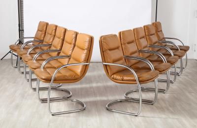 Set of Ten Italian Leather and Chrome Armchairs