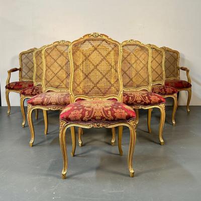 Set of Ten Louis XV Style Dining Side Chairs Clayed Gilt and Cane French