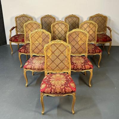 Set of Ten Louis XV Style Dining Side Chairs Clayed Gilt and Cane French