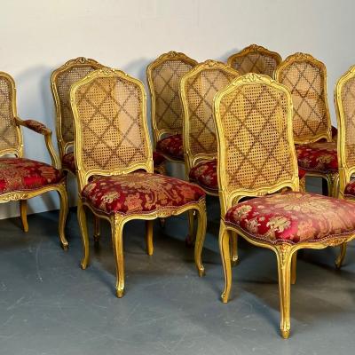 Set of Ten Louis XV Style Dining Side Chairs Clayed Gilt and Cane French
