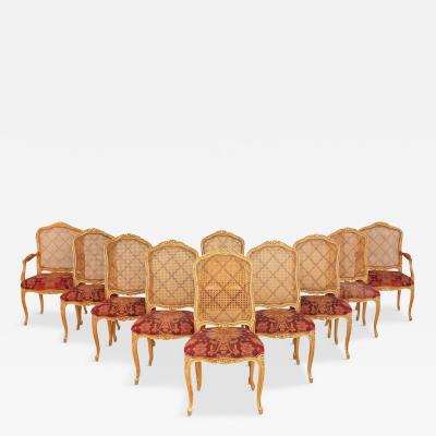 Set of Ten Louis XV Style Dining Side Chairs Clayed Gilt and Cane French