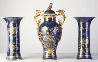Set of Three 18th century Chinese Powder Blue Gilt Decorated Vases