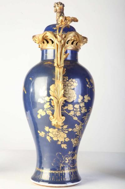Set of Three 18th century Chinese Powder Blue Gilt Decorated Vases