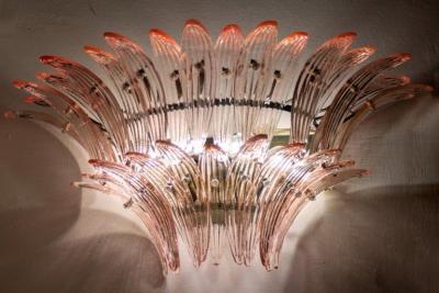 Set of Three Brass Mounted Pink Palmette Sconces and 1 Chandelier