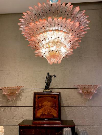 Set of Three Brass Mounted Pink Palmette Sconces and 1 Chandelier