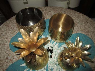 Set of Three Brass Pineapples Ice Bucket or Trinket Boxes Mid Century Modern