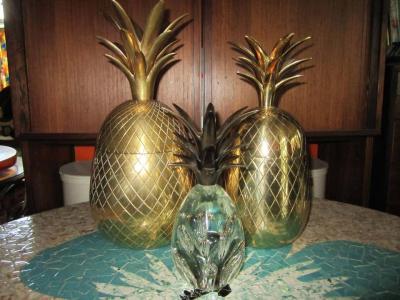 Set of Three Brass Pineapples Ice Bucket or Trinket Boxes Mid Century Modern