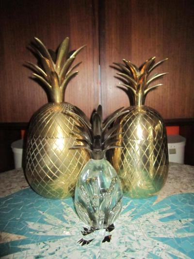 Set of Three Brass Pineapples Ice Bucket or Trinket Boxes Mid Century Modern