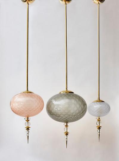 Set of Three Brass and Colored Murano Glass Pendants