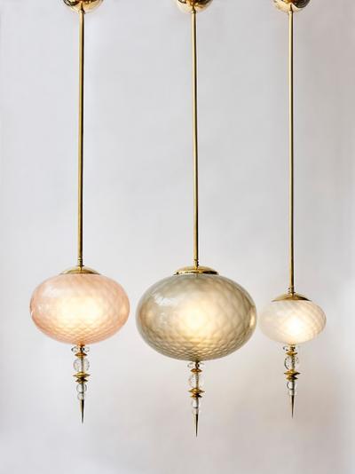 Set of Three Brass and Colored Murano Glass Pendants