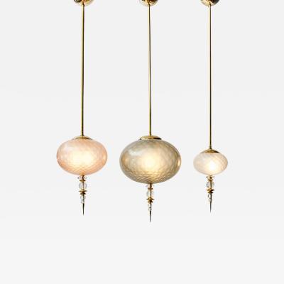Set of Three Brass and Colored Murano Glass Pendants
