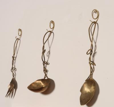 Set of Three Brutalist Brass Decorative Serving Pieces Ladle Spoon and Fork