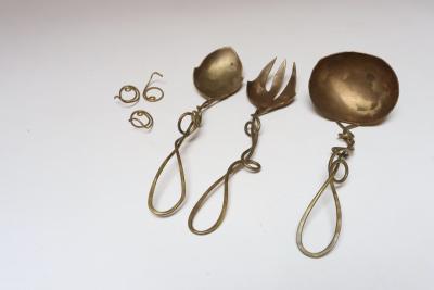 Set of Three Brutalist Brass Decorative Serving Pieces Ladle Spoon and Fork