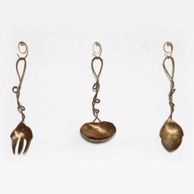 Set of Three Brutalist Brass Decorative Serving Pieces Ladle Spoon and Fork