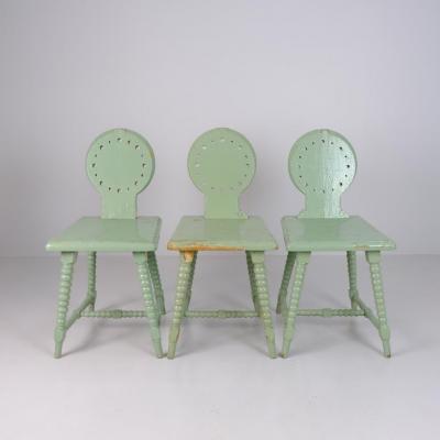 Set of Three Folk Tyrolean Style Chairs in Mind Green Finland c Early 1900s