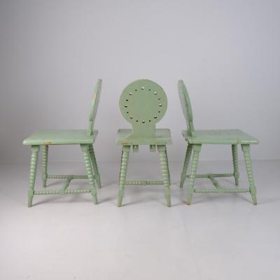 Set of Three Folk Tyrolean Style Chairs in Mind Green Finland c Early 1900s