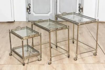 Set of Three French Neoclassical Style Nesting Bar Carts with Glass Shelves