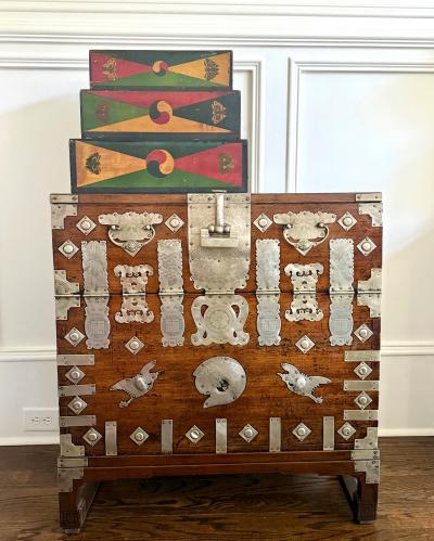 Set of Three Korean Stackable Sewing Box Covered in Hanji Paper