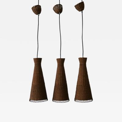 Set of Three Lovely Mid Century Modern Rattan Diabolo Pendant Lamps 1960s