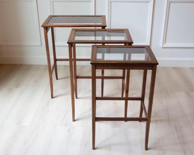 Set of Three Mahogany Nesting Tables with Glass Tops France Mid 20th Century