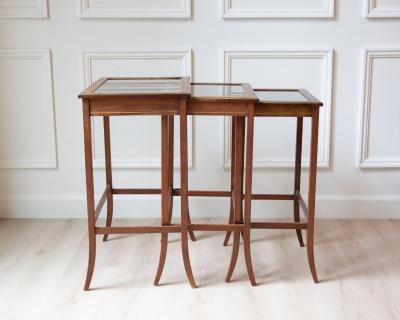 Set of Three Mahogany Nesting Tables with Glass Tops France Mid 20th Century