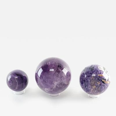 Set of Three Polished Amethyst Spheres U S A circa 1980